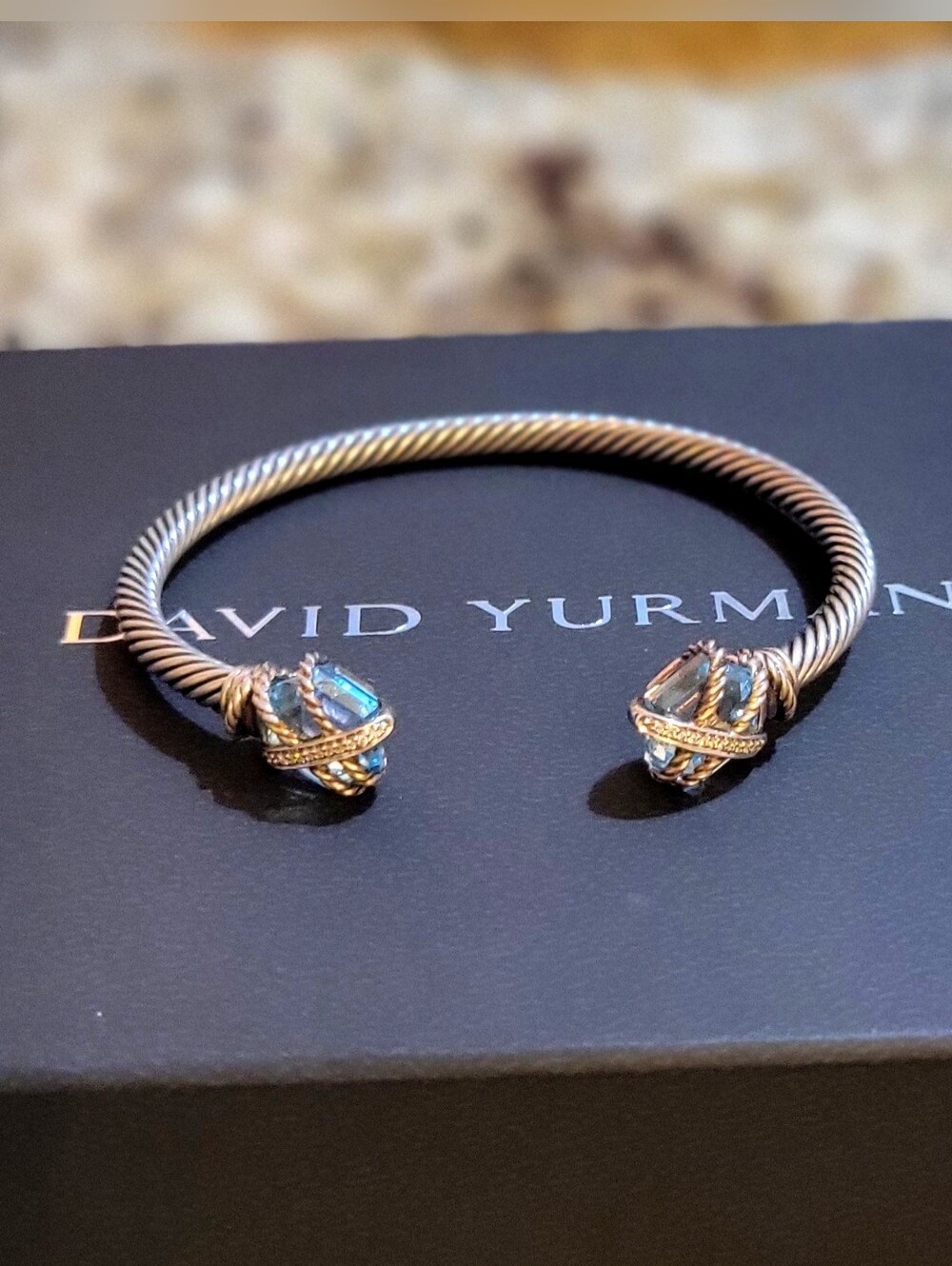 David Yurman Blue Topaz and Pave Diamond 4 mm Cable Wire Bracelet - Picture 2 of 16